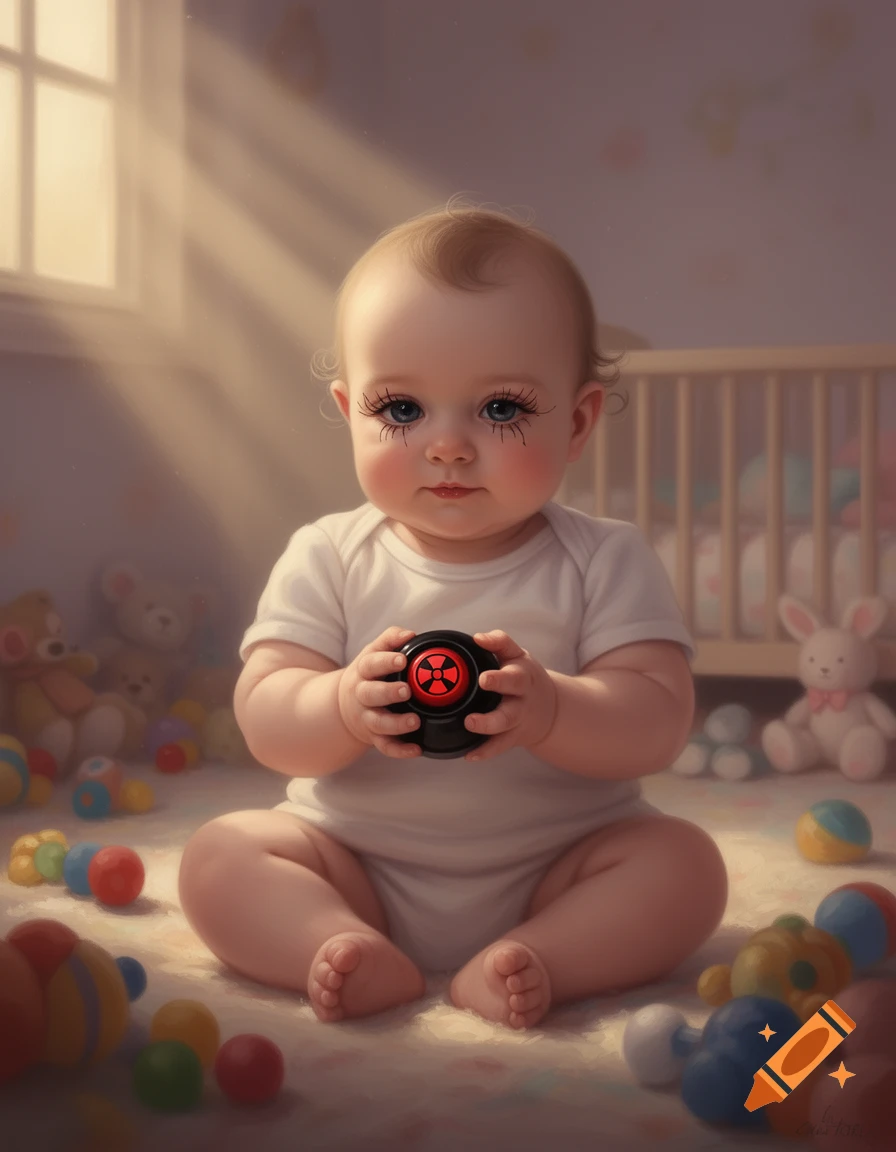 A photorealistic image of a baby sitting in a playroom, holding a black button with a red nuclear symbol.