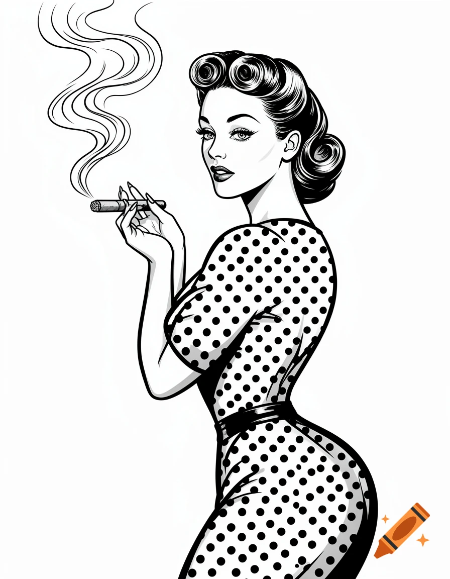 Black and white illustration of a vintage pin-up woman with curled hair, wearing a polka-dot dress, smoking a cigar.