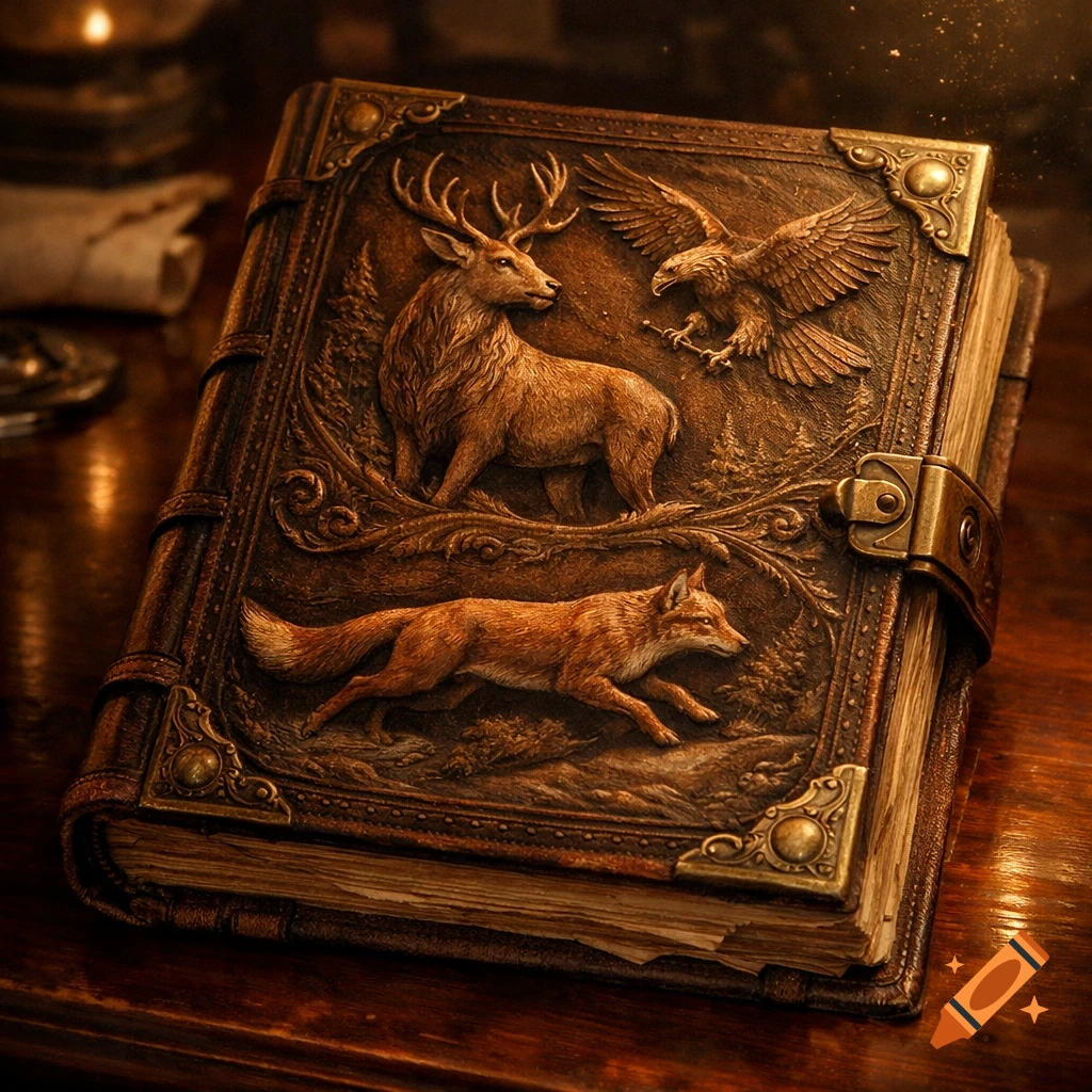 An ornate antique book with embossed leather cover featuring a deer, eagle, and fox in a dark, magical setting.