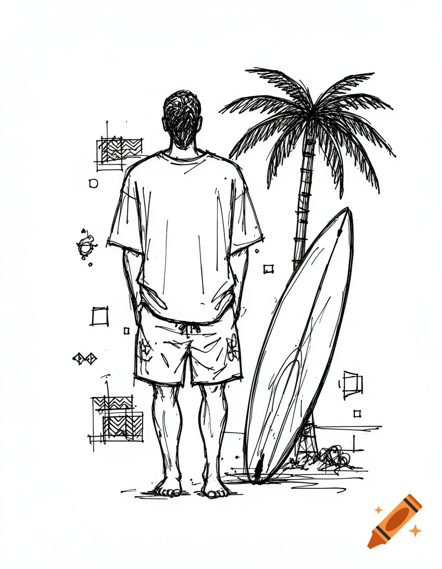 Hand-drawn black line art of a man standing on a beach with a surfboard and palm tree, viewed from behind.