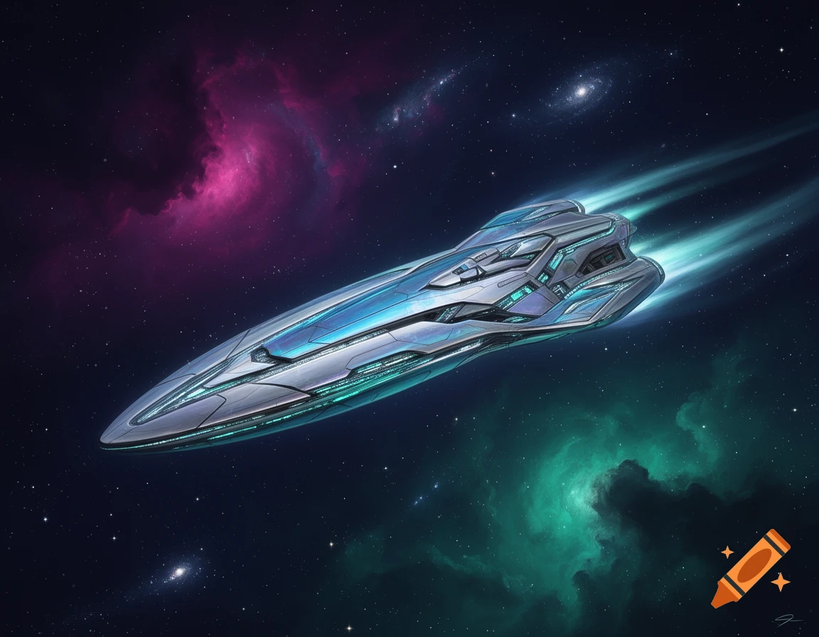 A sleek, futuristic spaceship with blue glowing accents travels through a vibrant cosmic background of pink and green nebulae.
