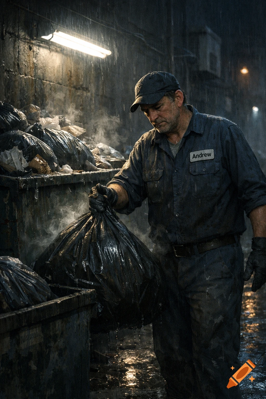 A photorealistic depiction of a man named Andrew in a uniform taking out trash in pouring rain next to a dumpster.