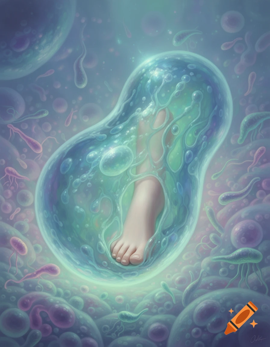 A human foot enclosed within a translucent, bioluminescent amoeba, surrounded by various microscopic organisms in a glowing, ethereal environment.