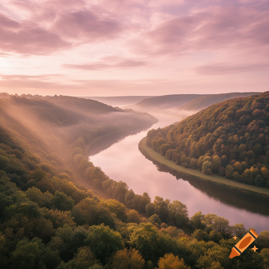 A winding river flows through misty, forested hills under a pink and purple sunrise sky with sun rays.