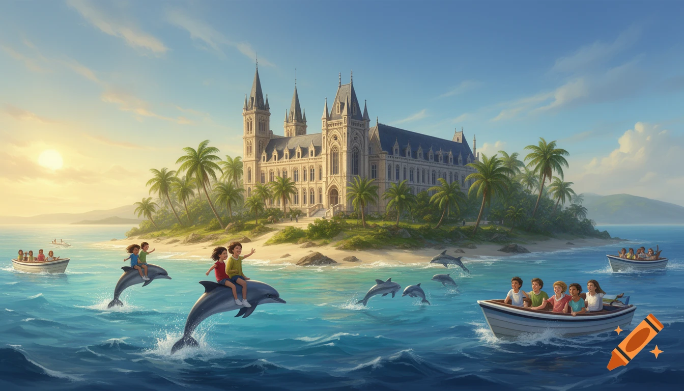 Children ride jumping dolphins in the clear blue ocean, while others are in boats, all surrounding a grand castle on a lush tropical island with palm trees under a sunny sky.