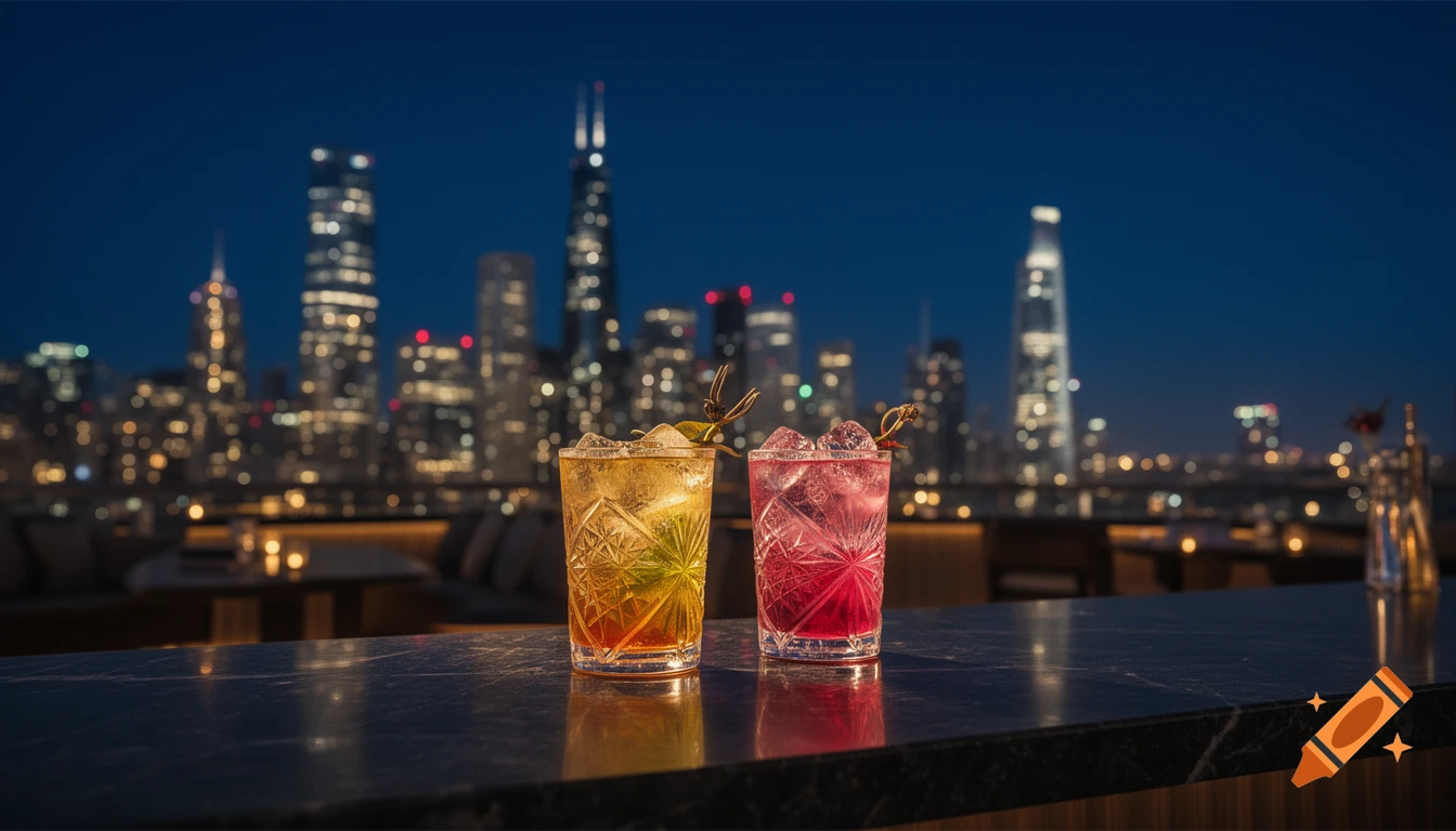 Two colorful cocktails with ice and garnish on a dark stone table at a rooftop bar with a blurry city skyline at night, photorealistic.