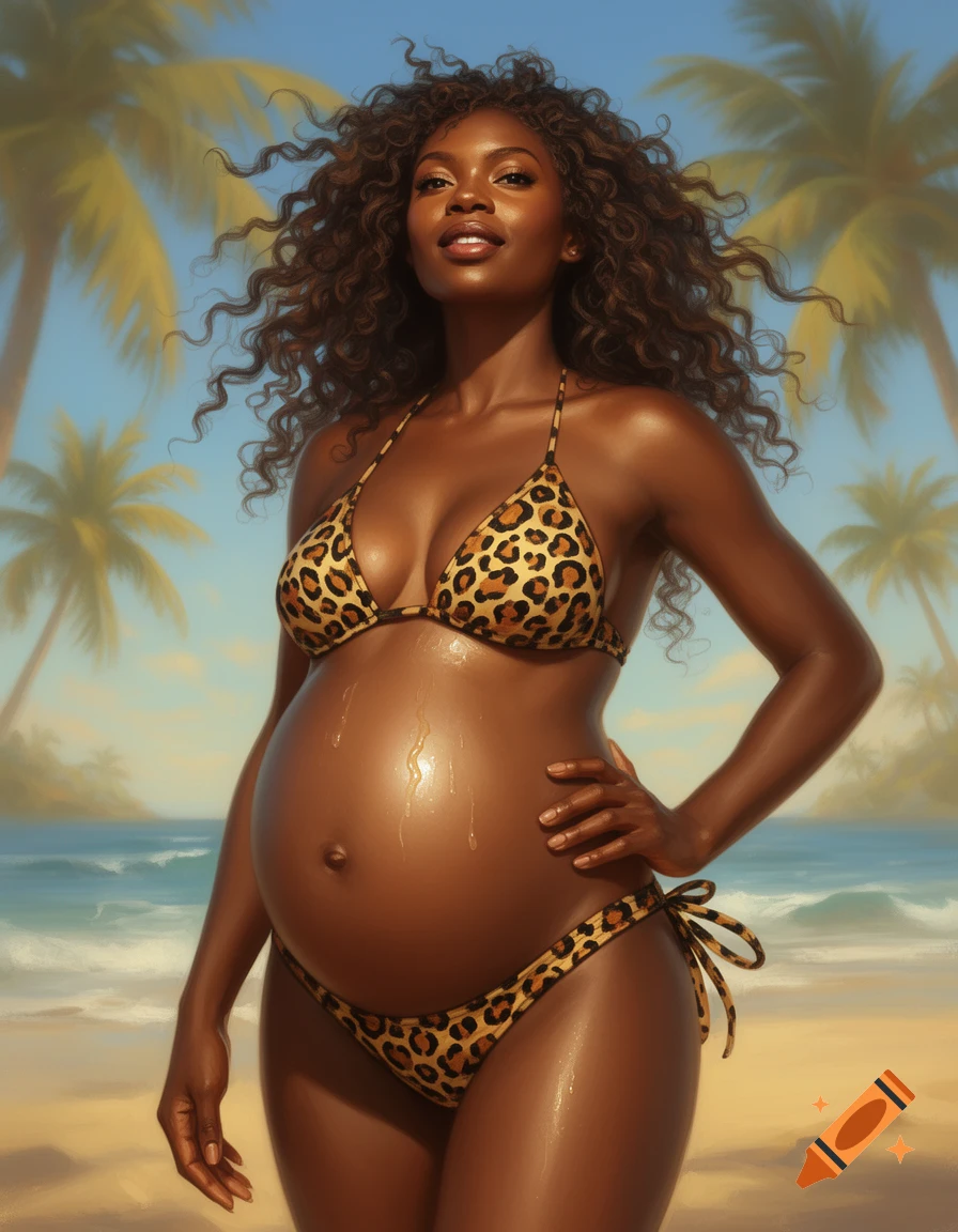 A photorealistic image of a beautiful pregnant Black woman in a leopard print bikini posing on a tropical beach.