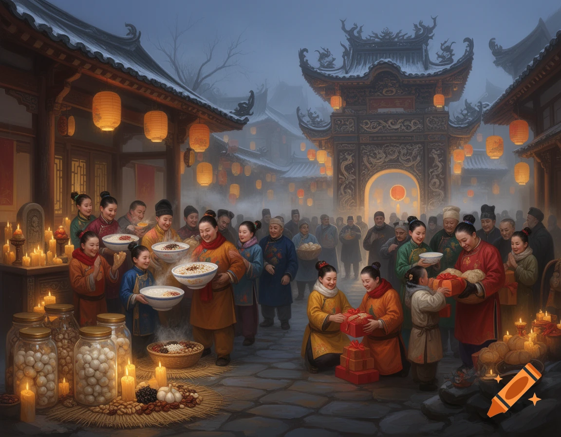 People celebrate Laba Festival in a snow-covered traditional Chinese town, illuminated by lanterns. They share congee, gifts, and offerings.