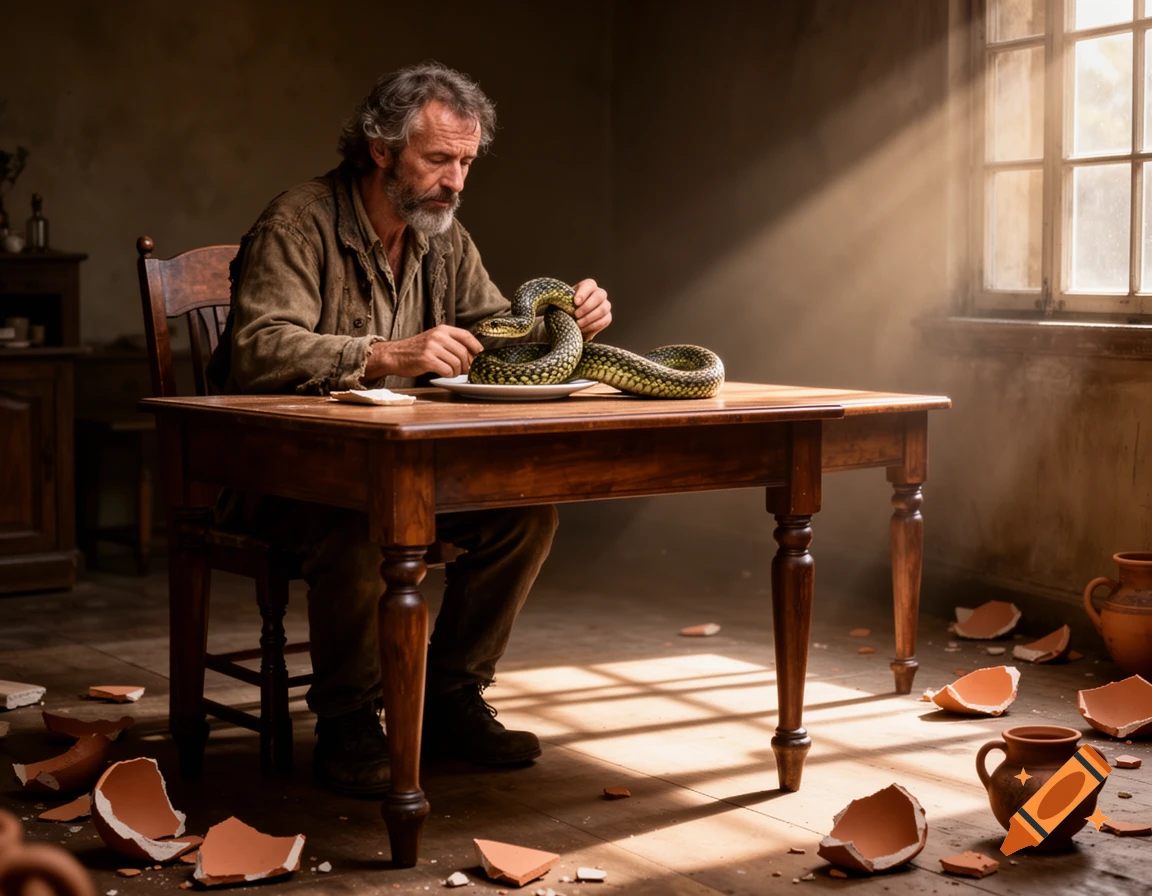 A bearded man sits at a wooden table, gently touching a large snake on a plate. Broken pottery lies on the floor, illuminated by light from a window.