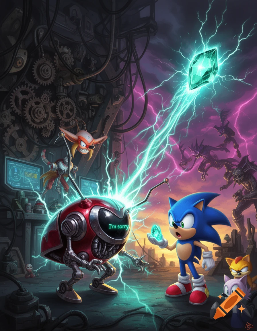 Sonic and friends with a red robot saying 'I'M SORRY', holding a glowing emerald amidst lightning in a sci-fi lab.