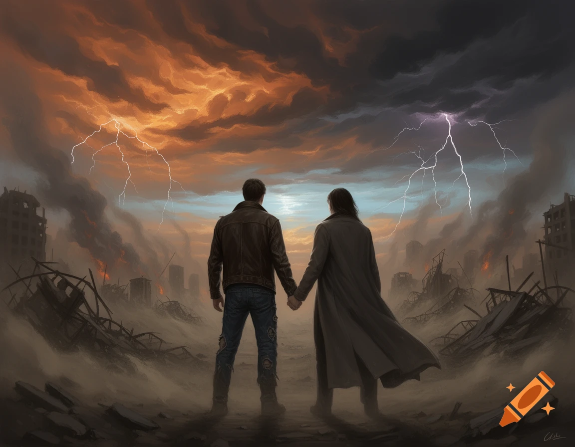 Two people hold hands, looking out at a stormy, apocalyptic landscape with a burning, ruined city and lightning.