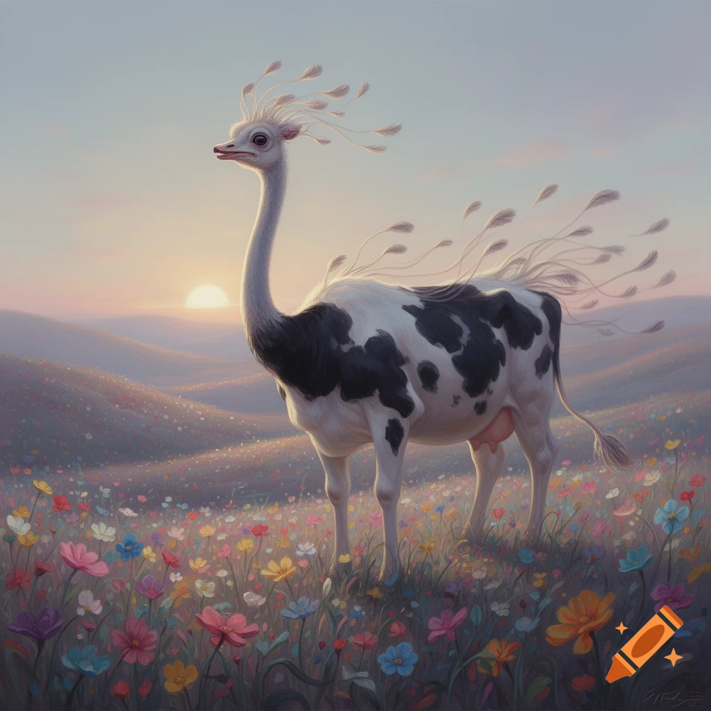 A hybrid creature with an ostrich head and a black and white cow body stands in a vibrant wildflower meadow at sunrise.