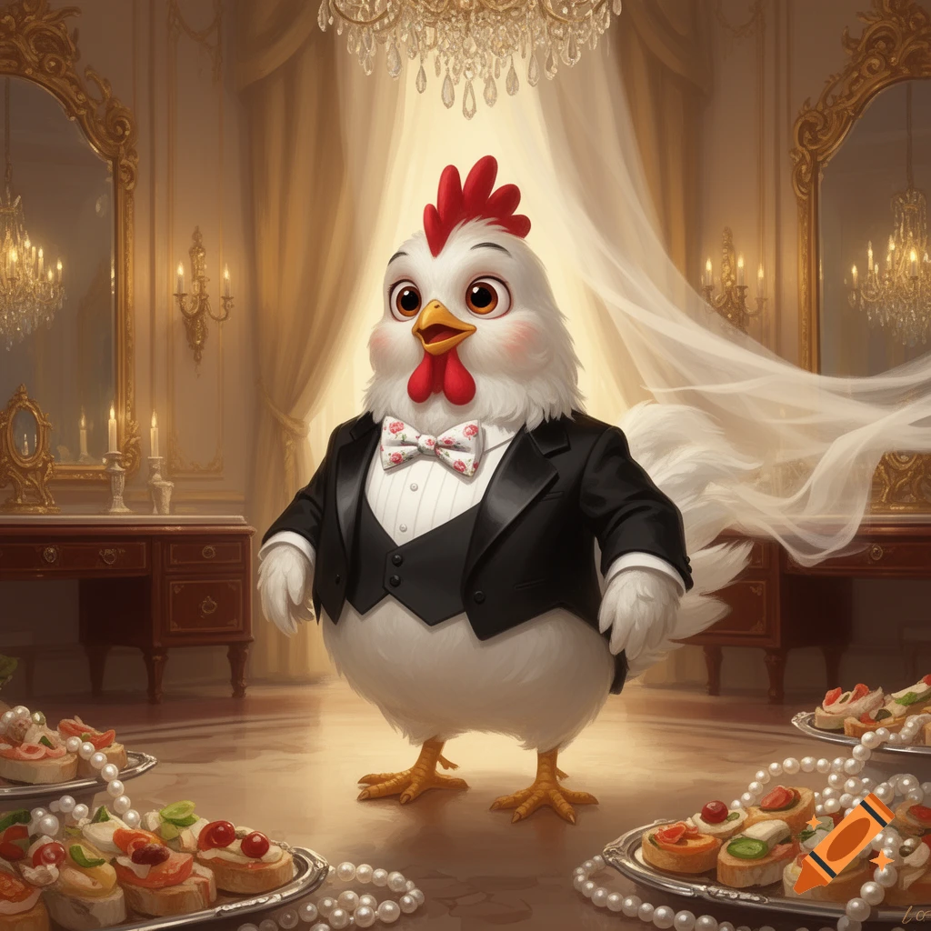 A cute, cartoonish white chicken in a tuxedo and bow tie stands in a lavish, ornate room filled with food trays and pearls.