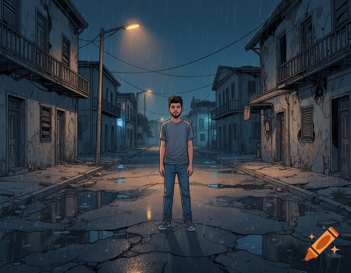 A teenage boy stands alone in a deserted, rainy urban street at night, with streetlights reflecting in puddles, in a comic book style.