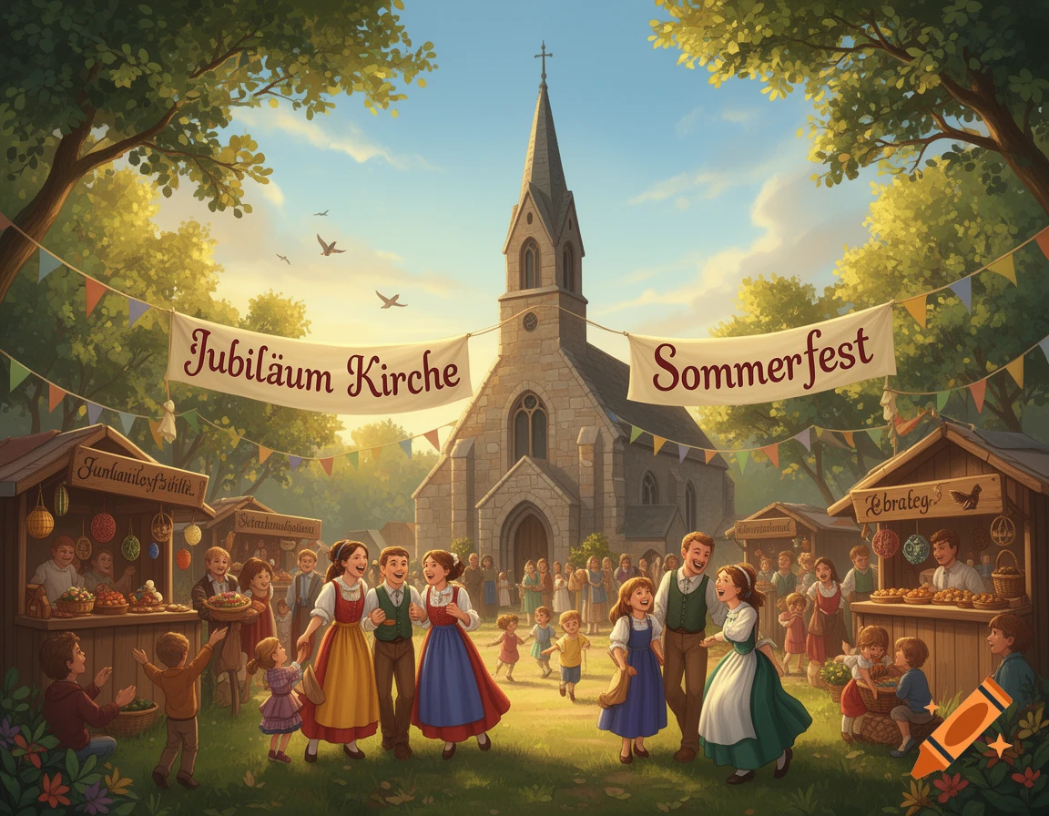 A vibrant village summer festival scene with a stone church in the background. Two banners read "Jubiläum Kirche" and "Sommerfest" in German, strung between trees. People in traditional attire mingle among market stalls, children play, and birds fly under a clear sky.