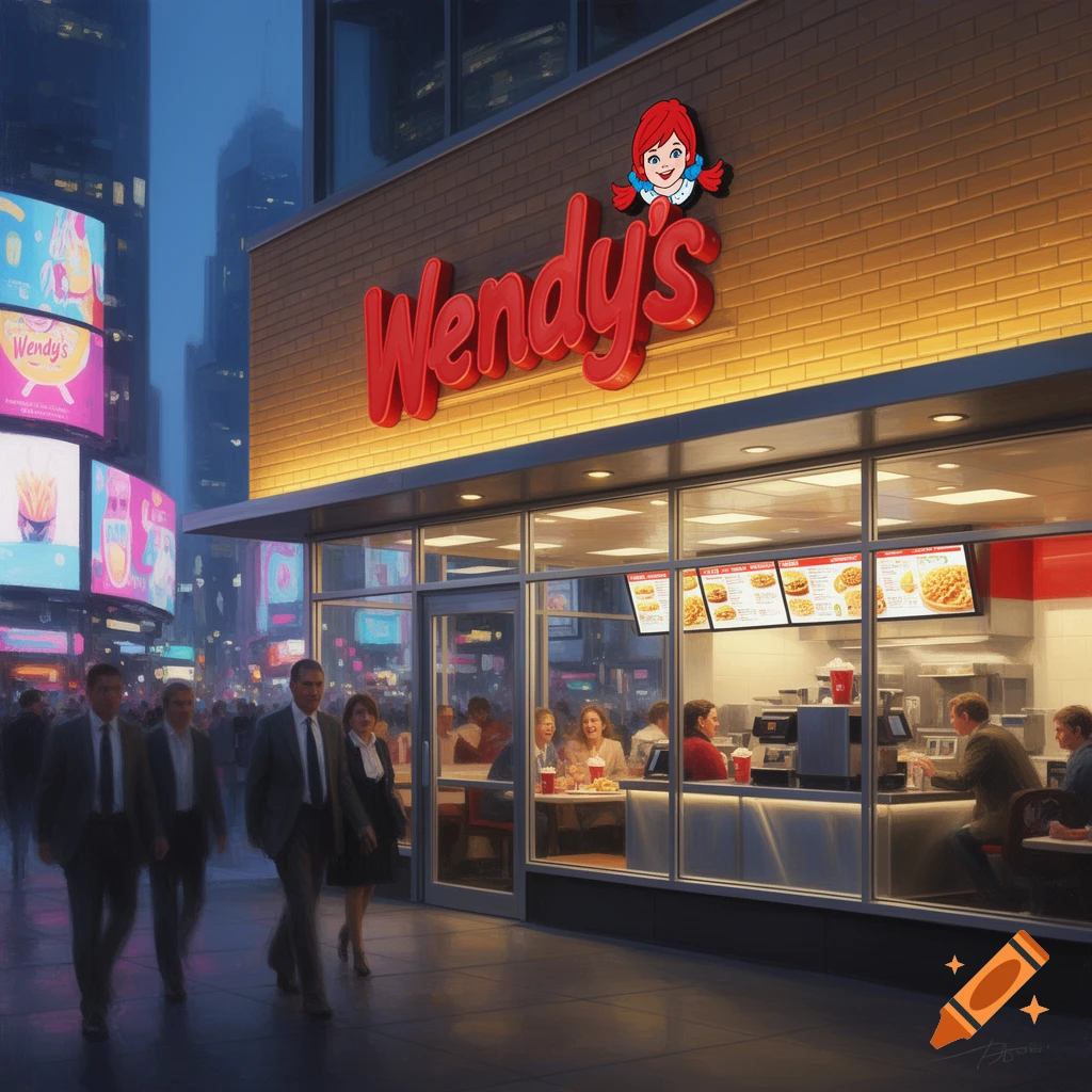 A photorealistic painting of a Wendy's restaurant at dusk in a bustling city, with pedestrians on the sidewalk and diners inside.