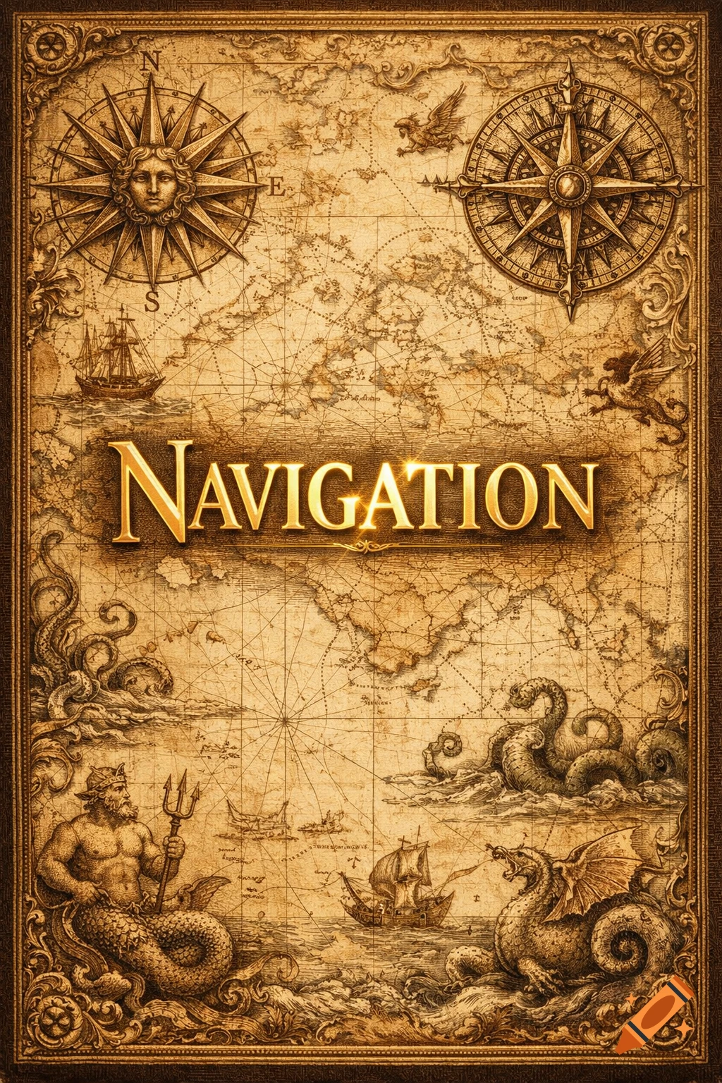 Vintage map cover with golden 'NAVIGATION' text, compass roses, sailing ships, a merman, sea monster, and dragon.