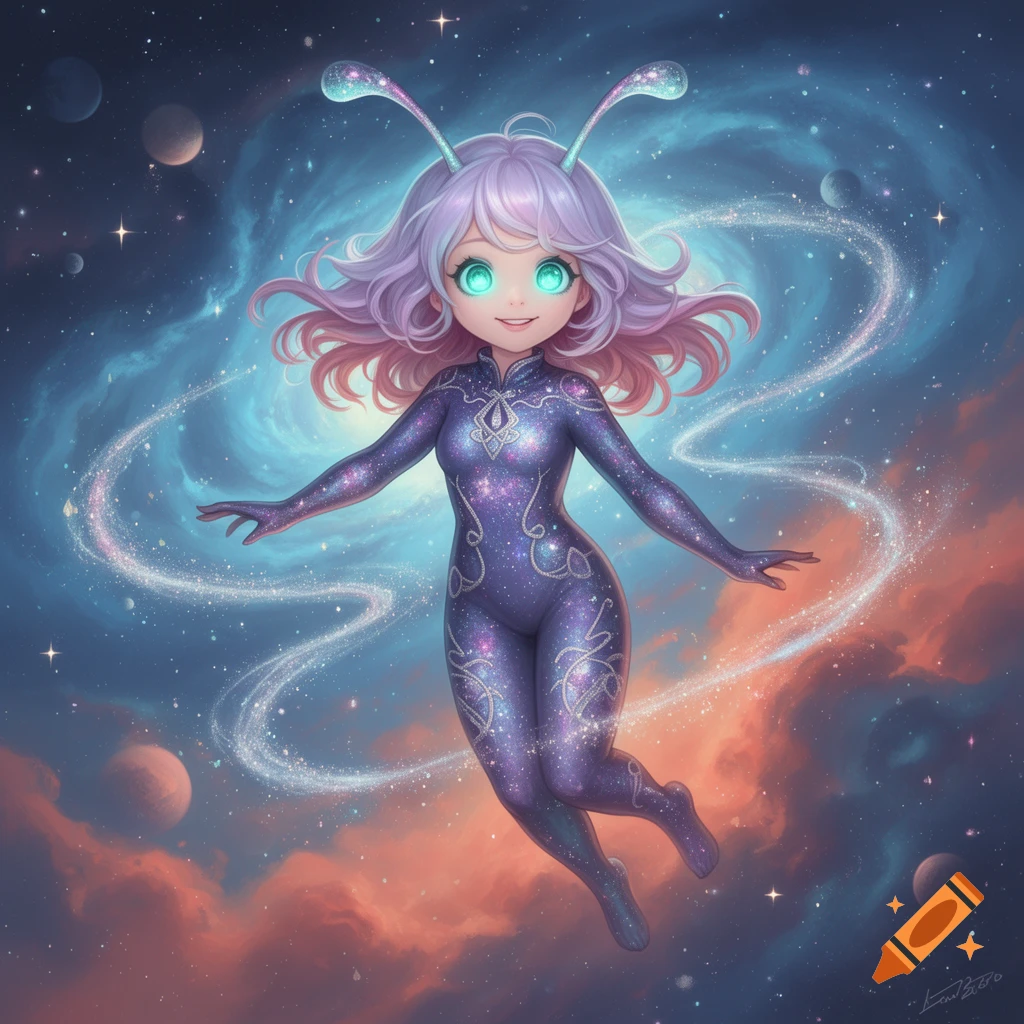 A cute anime alien girl with lavender hair and glowing green eyes floats in space, surrounded by nebulae and planets.