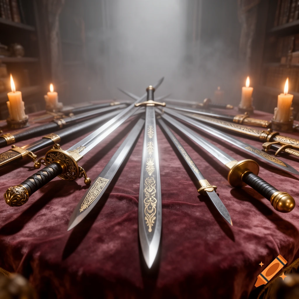 Ornate swords fanned out on a red velvet table, lit by candles in a dimly lit, smoky room. Photorealistic style.
