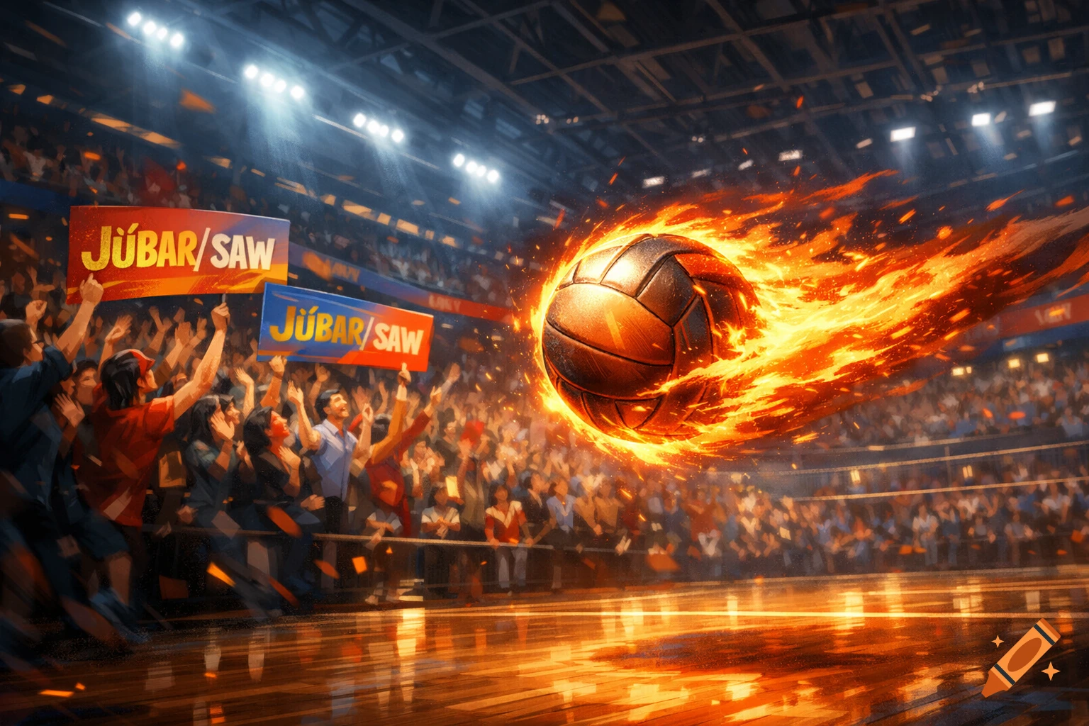 A fiery volleyball flies across a packed stadium with cheering spectators holding signs saying "JÚBAR/SAW".