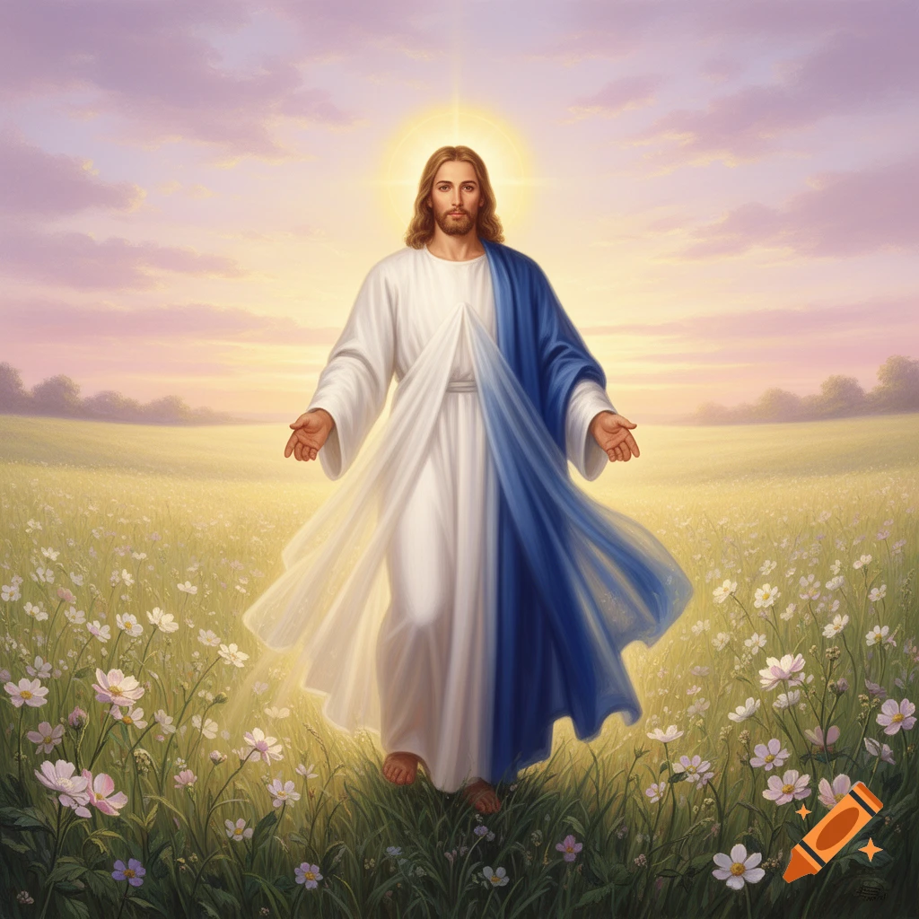Jesus Christ in white and blue robes, glowing under a bright halo, walking through a vibrant field of wildflowers at sunset.