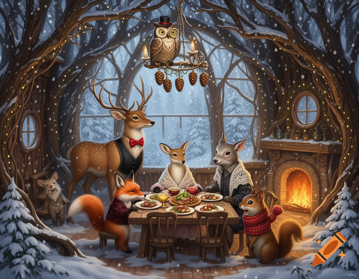 Anthropomorphic forest animals in cute clothing dine together in a cozy treehouse, with snow falling outside and a warm fireplace inside.