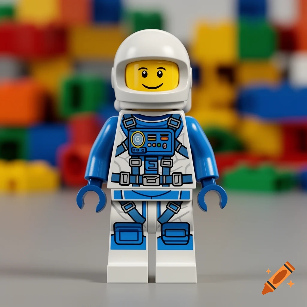 A blue and white Lego astronaut minifigure stands against a blurred background of colorful Lego bricks.