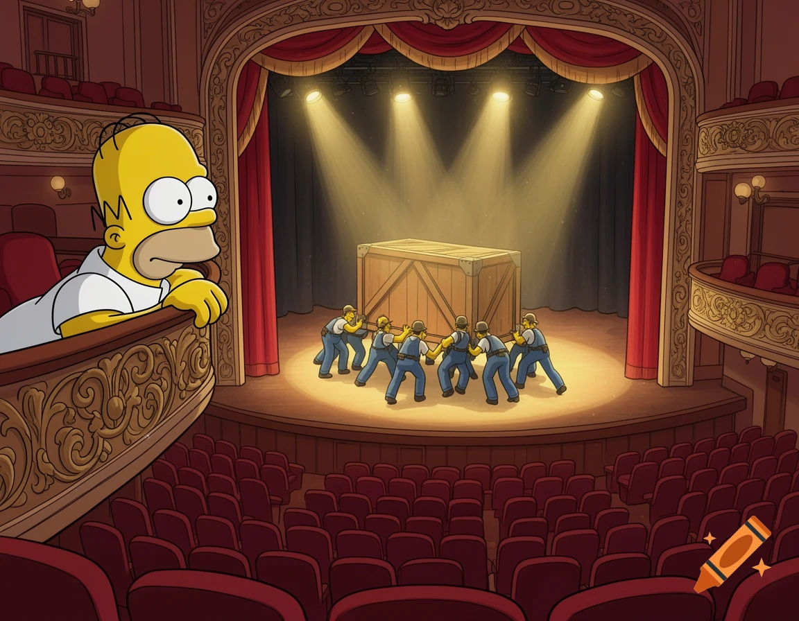 Homer Simpson watches from a theater balcony as stagehands push a large crate on stage in a cartoon style.
