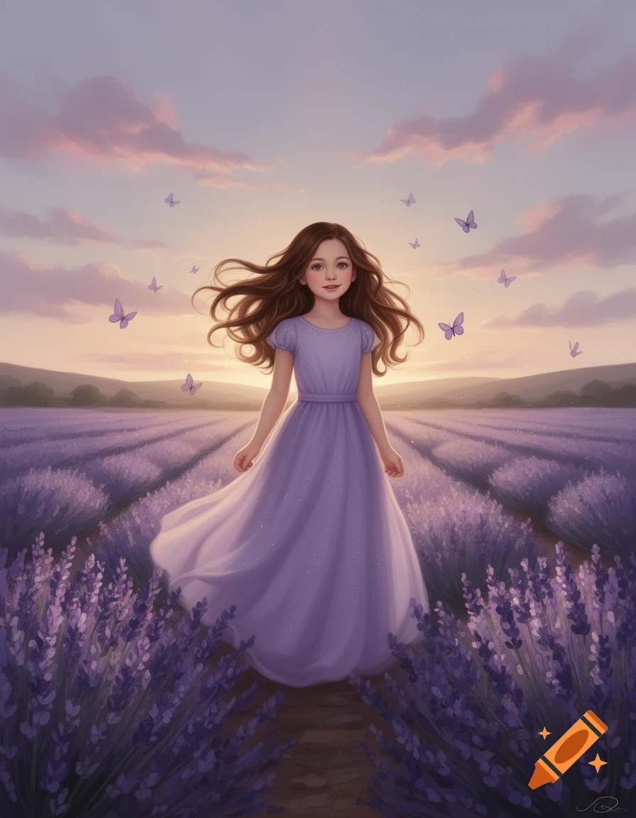 A young girl with long brown hair in a lavender dress stands in a ...
