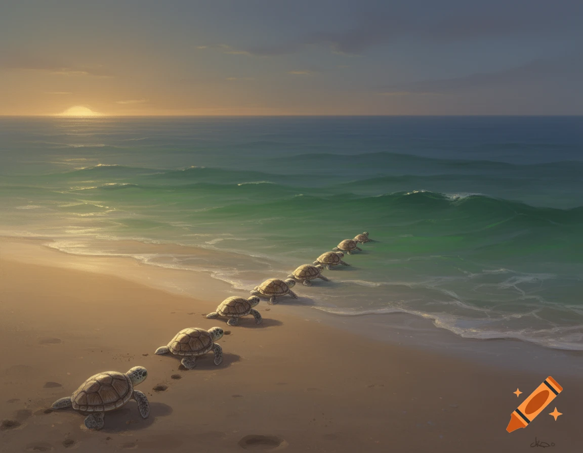 Baby sea turtles crawl from a sandy beach towards the ocean waves under ...