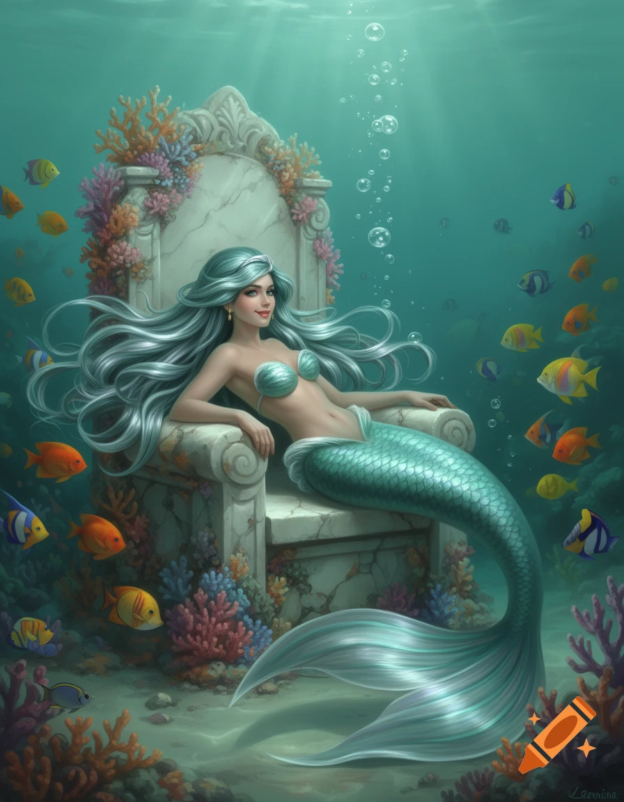 A beautiful mermaid with silver hair sits on an ornate coral-decorated throne underwater, surrounded by colorful fish.