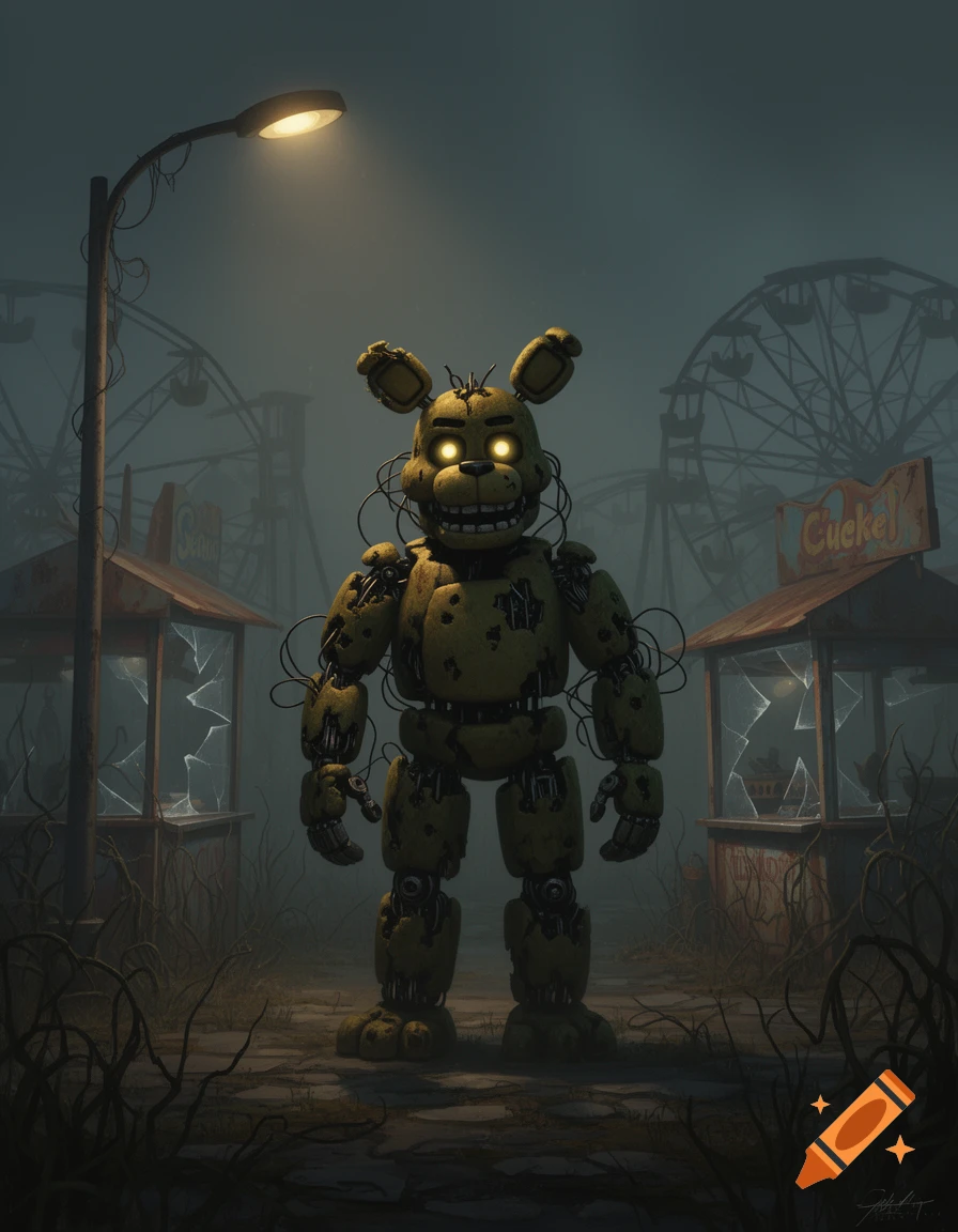 A weathered Springtrap animatronic with glowing yellow eyes stands under a street lamp in a dark, abandoned carnival at night.