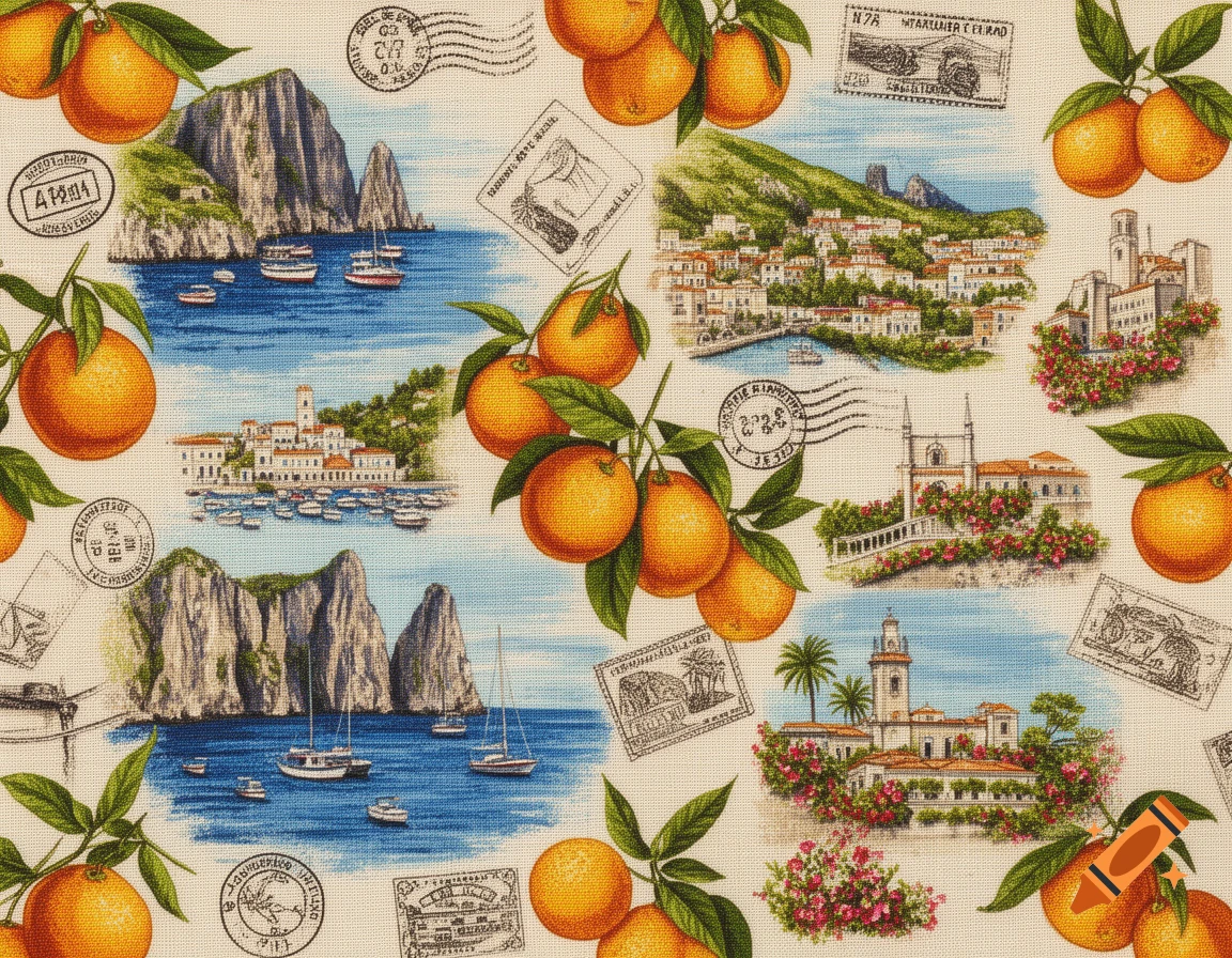 A repeating fabric print with clusters of oranges and watercolor-style illustrations of Italian coastal towns, boats, and decorative postage stamps.