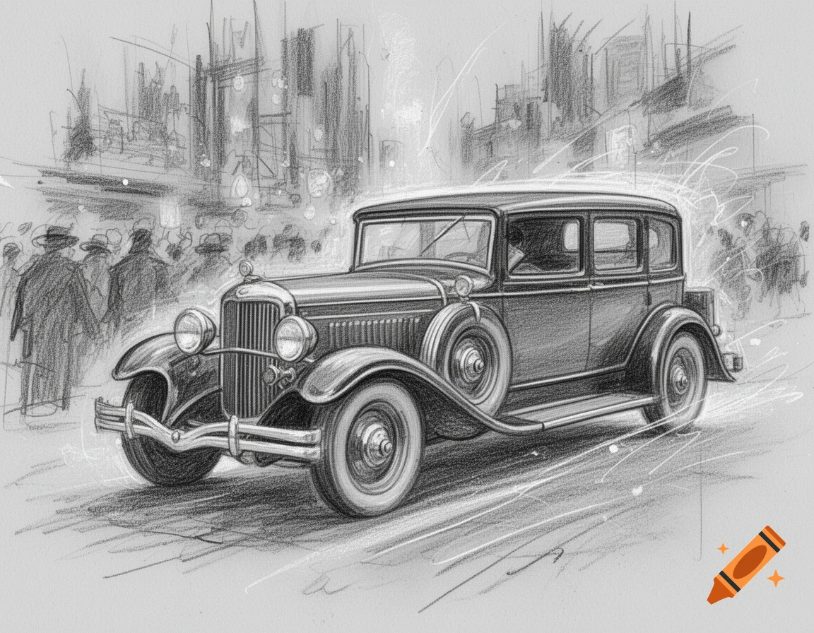 Pencil sketch of a 1920s vintage car driving on a busy city street with abstract buildings and figures.