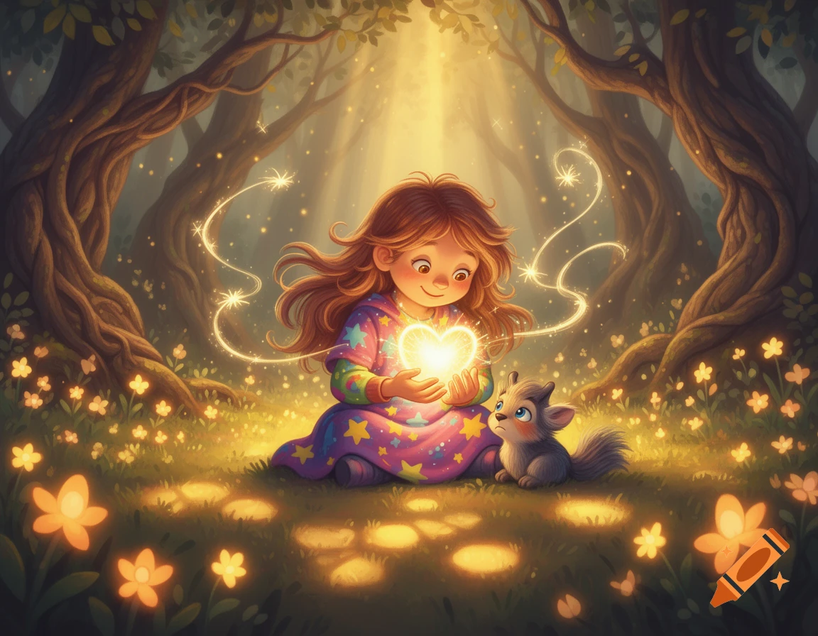 A happy little girl holds a glowing heart, watched by a small furry creature in a magical forest, children's illustration.