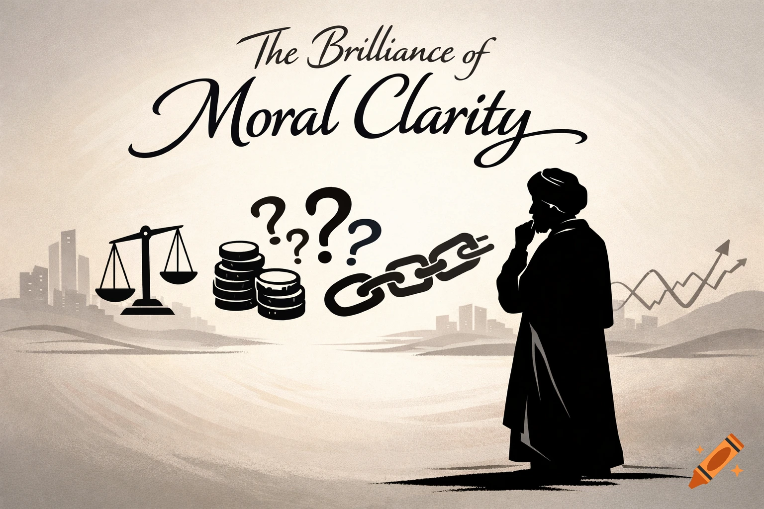 A thoughtful man's silhouette looks at scales, coins, questions, chains, and a city. Text: 'The Brilliance of Moral Clarity'.