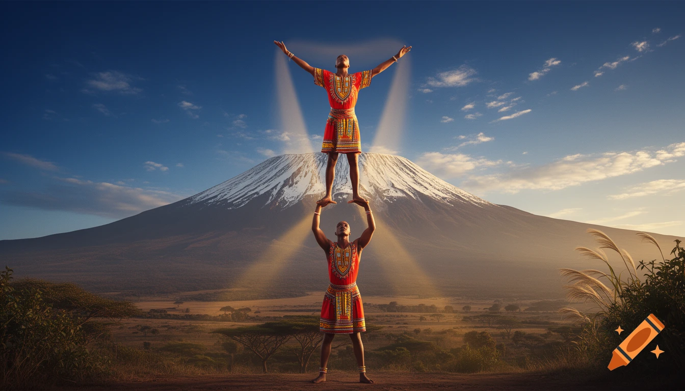 Two African acrobats in traditional red and yellow attire form a human pyramid before a majestic Mount Kilimanjaro, set against a savanna with glowing light beams.