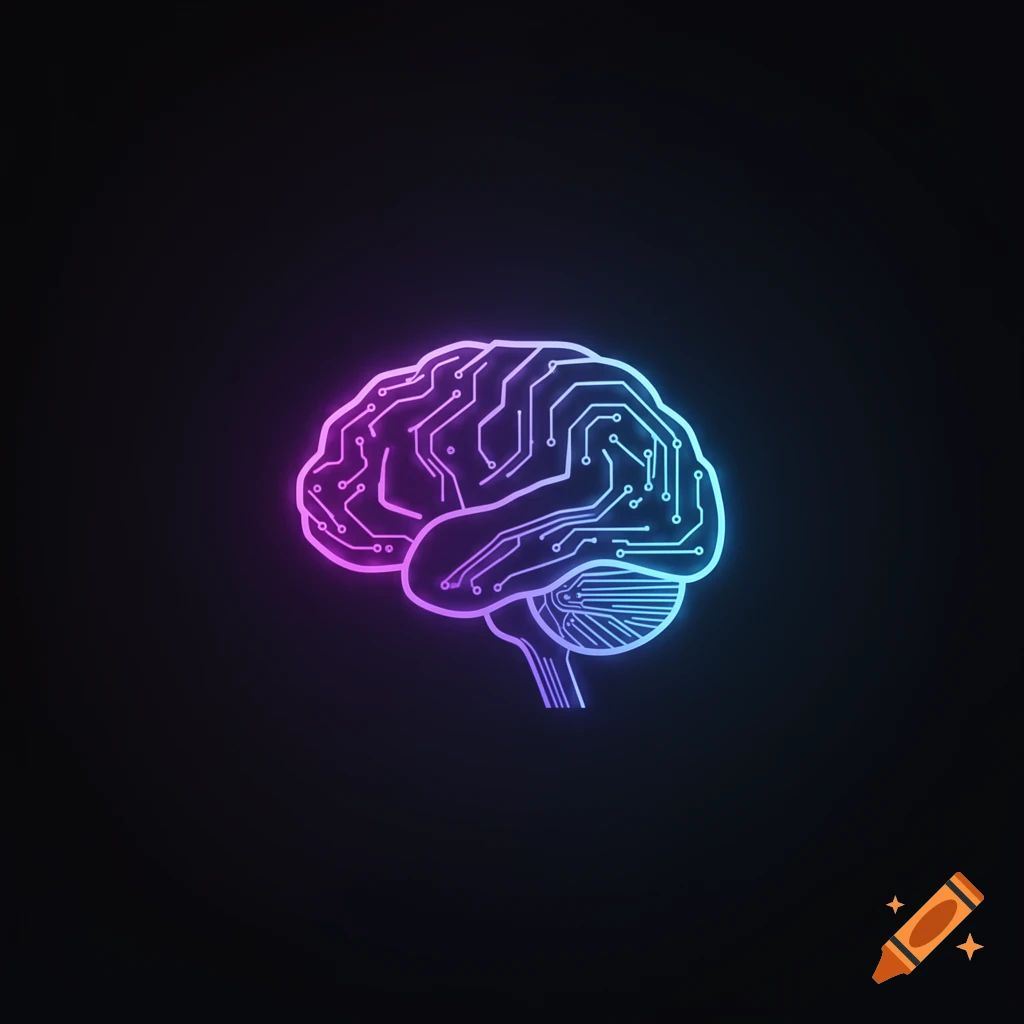 A glowing neon purple and blue digital brain, rendered in a cyberpunk style on a black background.
