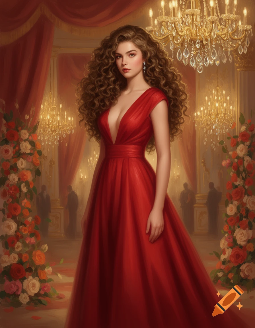 A woman with long, curly brown hair in a deep red, low-cut evening gown stands in a grand hall adorned with chandeliers and flowers.