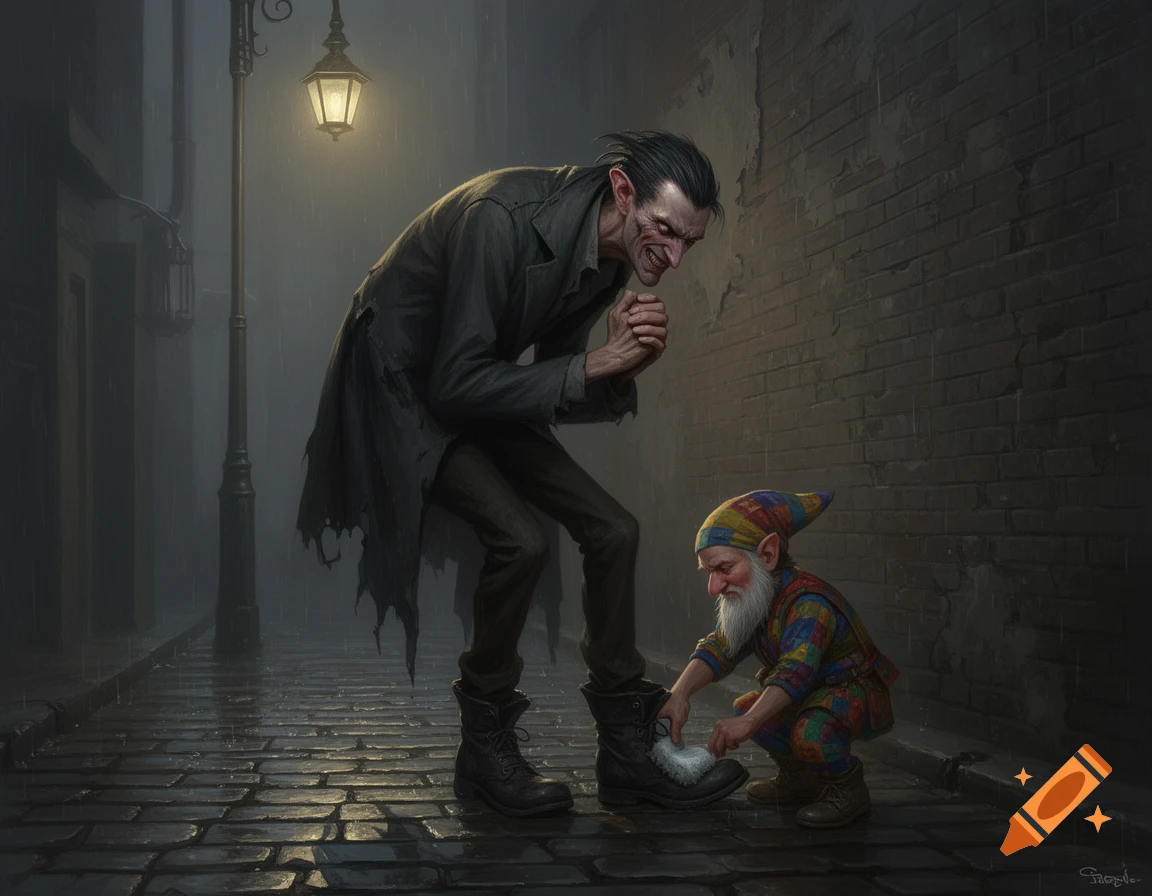 A sinister-looking man with a hunched back watches a gnome-like figure polish his boots in a dark, rainy alley under a street lamp.