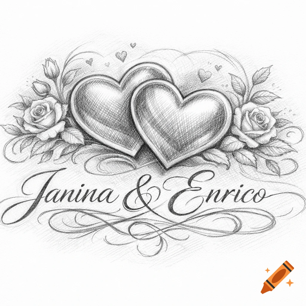 Pencil drawing of two intertwined hearts, roses, and the names Janina & Enrico with decorative swirls.