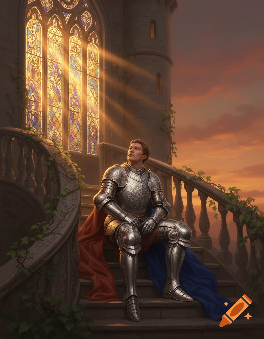 A knight in shining armor sits on a stone staircase, looking up as sunlight streams through a large stained-glass window of a castle tower. Digital art.