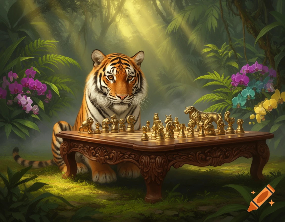 A majestic tiger sits at a carved wooden table playing chess with golden animal pieces in a lush, sunlit jungle.