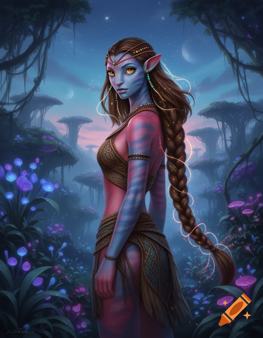 A blue-skinned female Na'vi with braided brown hair and yellow eyes stands in a vibrant, glowing alien jungle at dusk.