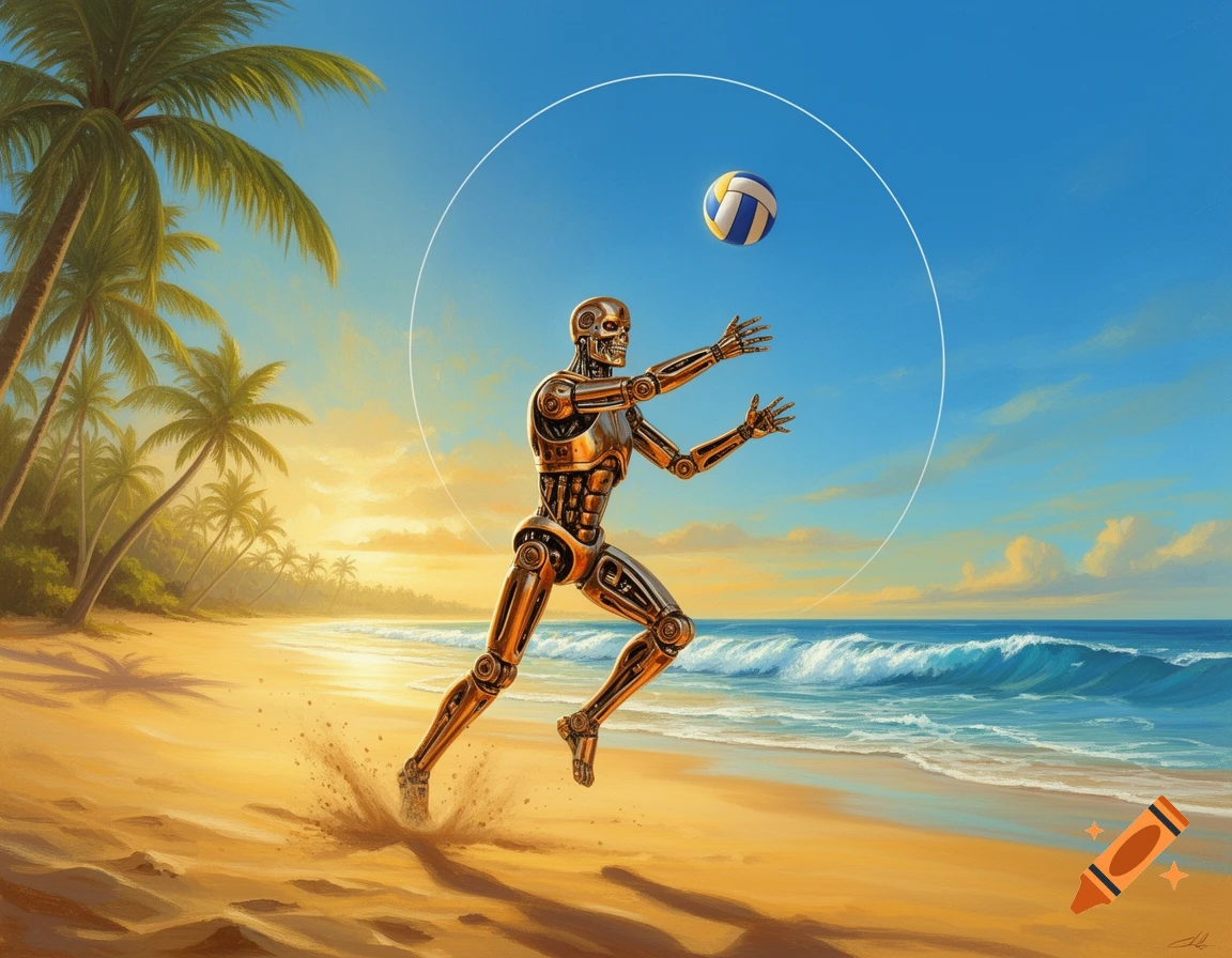A bronze Terminator-like robot runs on a sunny tropical beach, poised to hit a volleyball, in a digital painting.