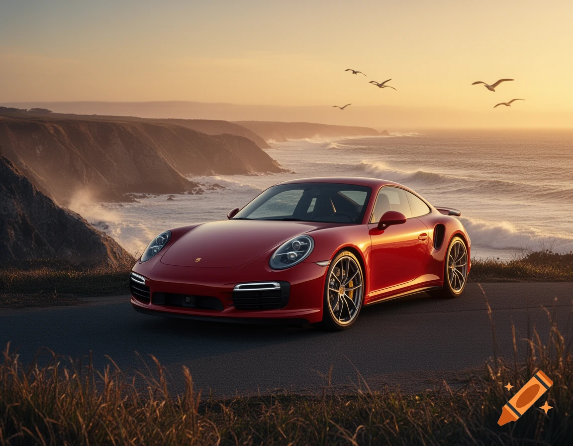 A red Porsche sports car is parked on a coastal road overlooking the ocean and cliffs during a golden sunset, with birds flying.