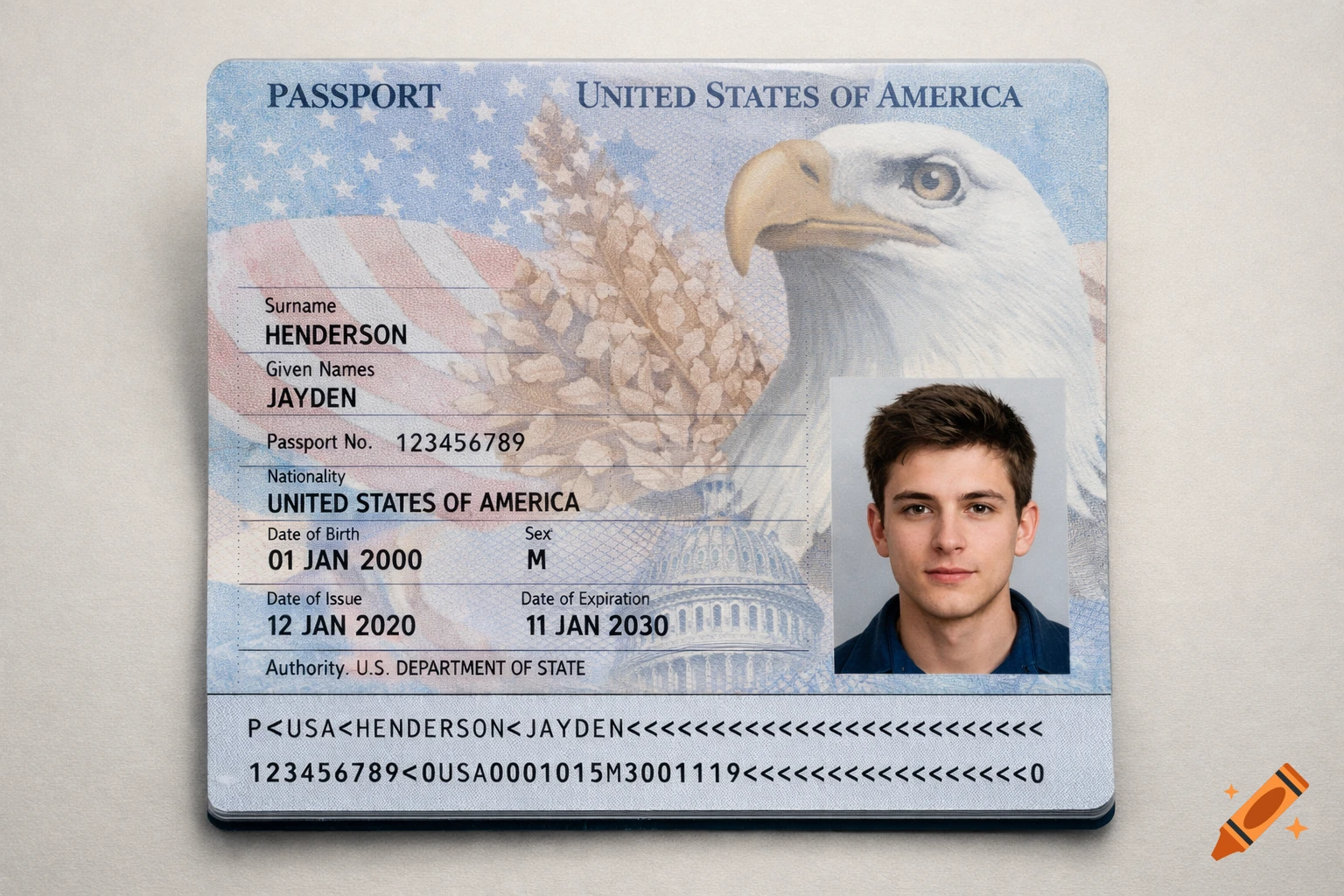 A photorealistic open USA passport with a young man's photo, displaying visible text and dates including the name Jayden Henderson.