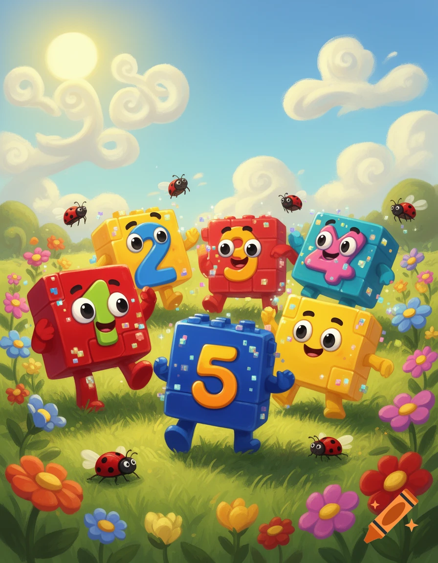 A vibrant cartoon of "Numberblocks" characters (1, 2, 3, 4, 5) frolicking in a sunny meadow with flowers and ladybugs.