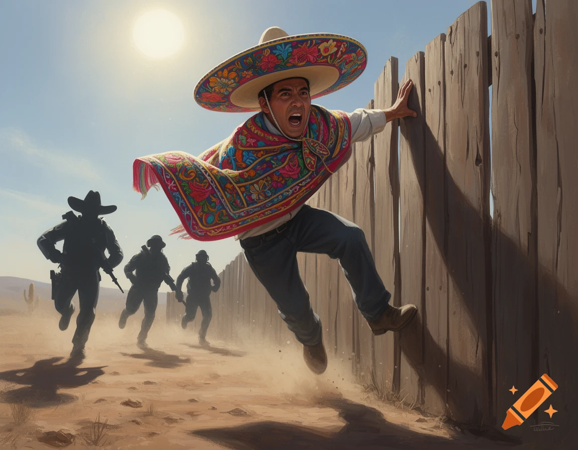 A man in a colorful sombrero and poncho climbs a wooden fence in a dusty desert, pursued by silhouetted figures.