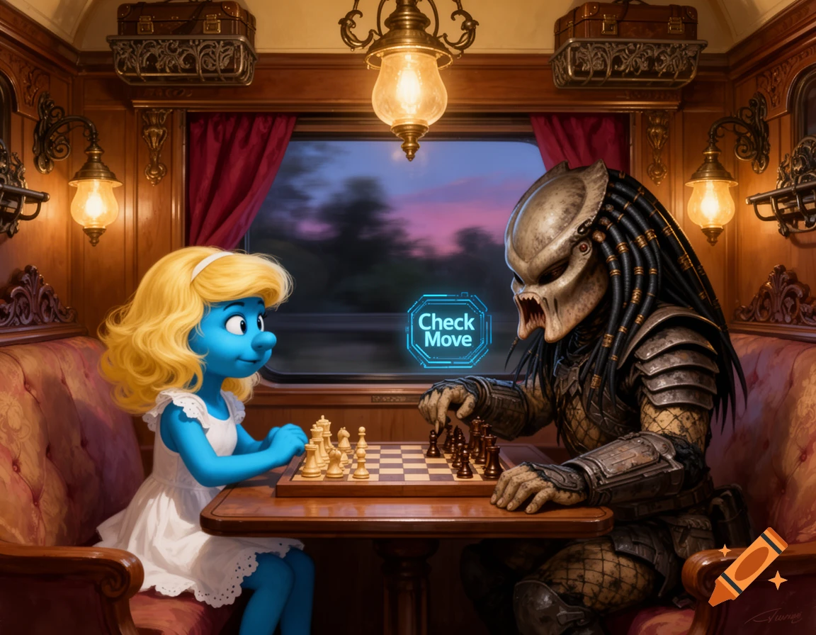Smurfette plays chess with the Predator inside a luxurious, old-fashioned train car, with a 'Check Move' hologram.